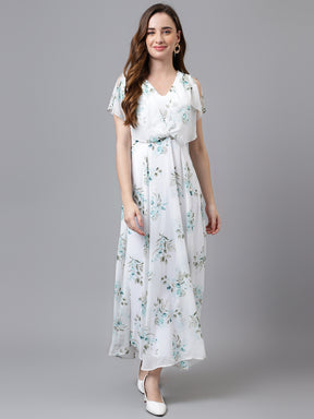 Green Cap Sleeve V-Neck Printed Women Maxi Dress For Casual