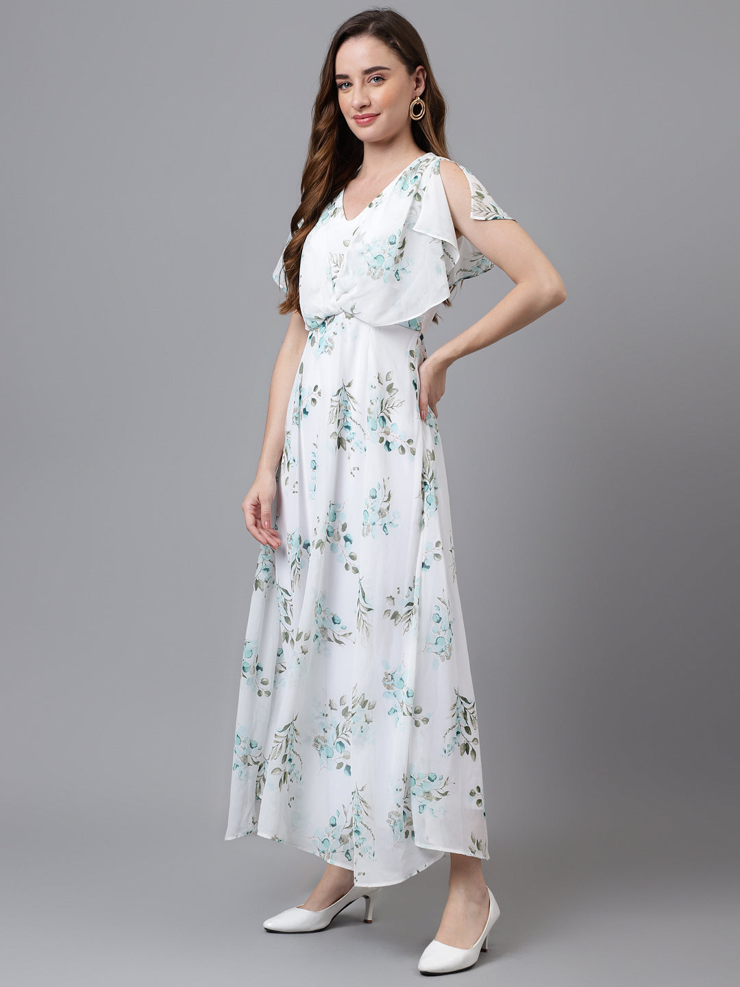 Green Cap Sleeve V-Neck Printed Women Maxi Dress For Casual