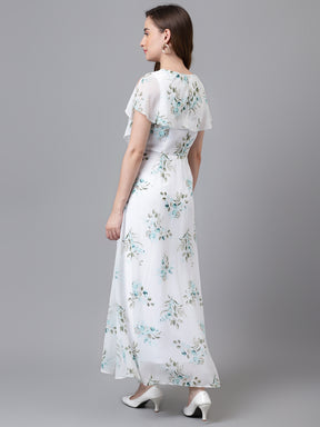 Green Cap Sleeve V-Neck Printed Women Maxi Dress For Casual