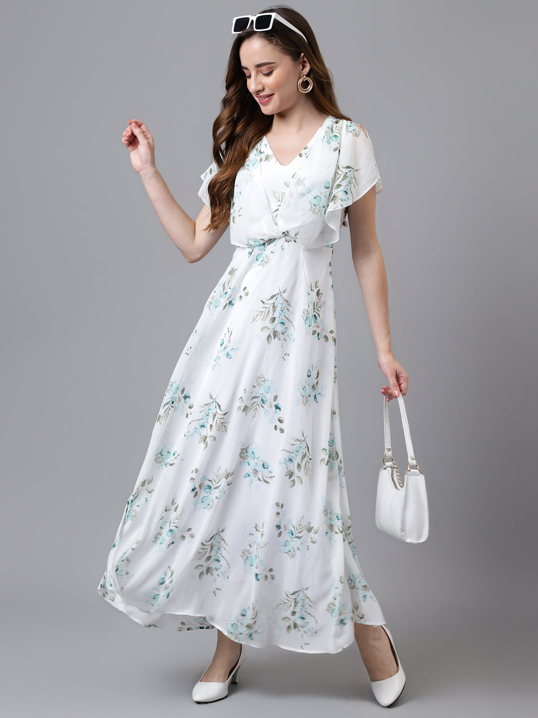 Green Cap Sleeve V-Neck Printed Women Maxi Dress For Casual