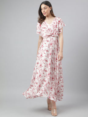 Maroon Cap Sleeve V-Neck Floral Print Women Maxi Dress for Casual