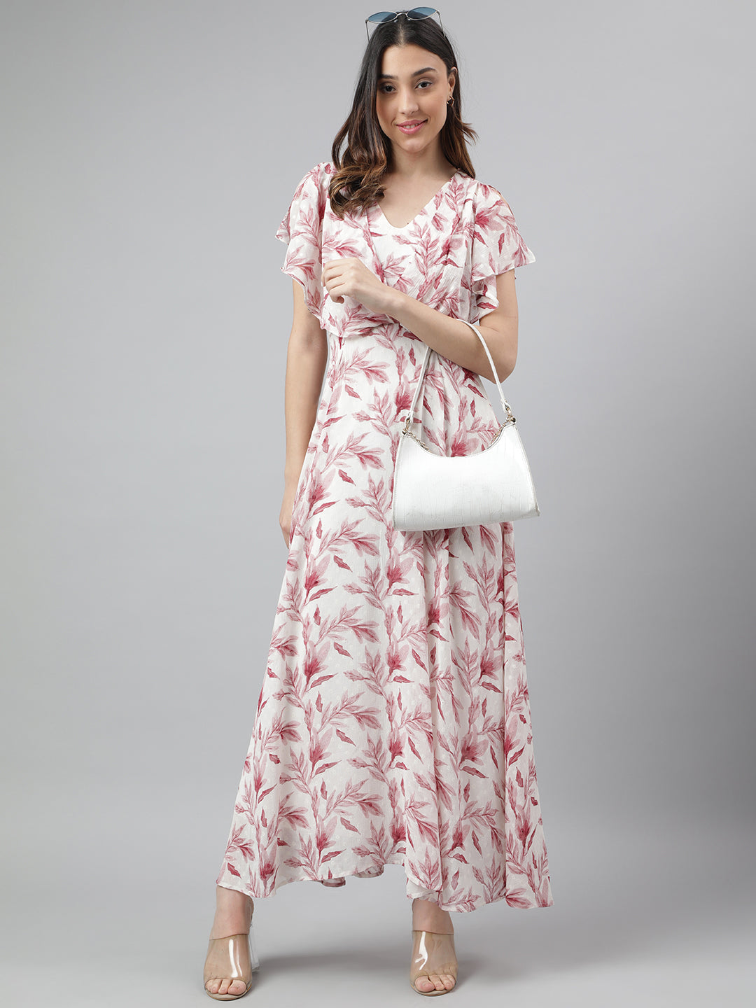 Maroon Cap Sleeve V-Neck Floral Print Women Maxi Dress for Casual