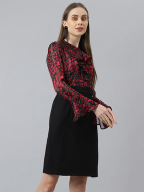 Maroon Full Sleeve Round Neck Floral Print 2 Fir 1 Women Dress for Party