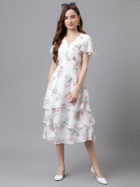 Brown Cap Sleeve V-Neck Printed Women Knee Dress for Casual