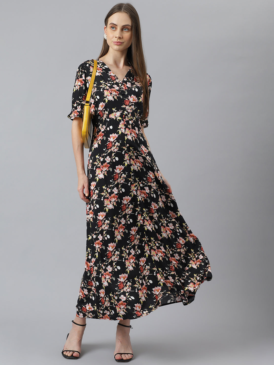 Latin Quarters Women Black Printed Half Sleeve Casual Dress