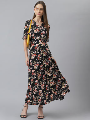 Latin Quarters Women Black Printed Half Sleeve Casual Dress