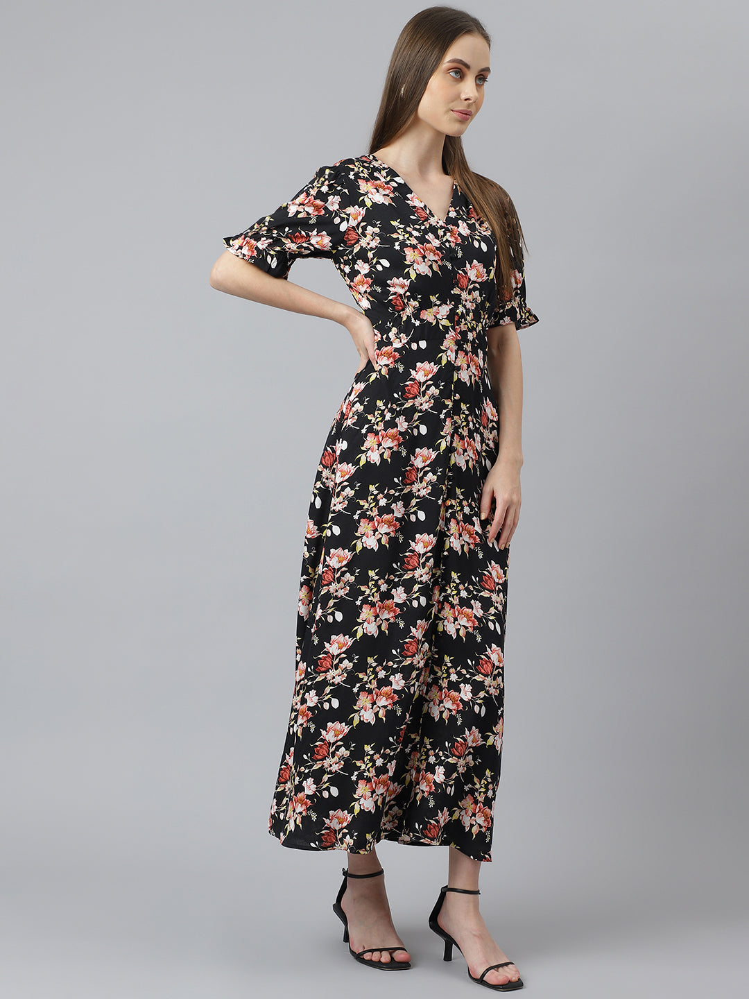 Black Half Sleeve V-Neck Women Maxi Dress for Casual