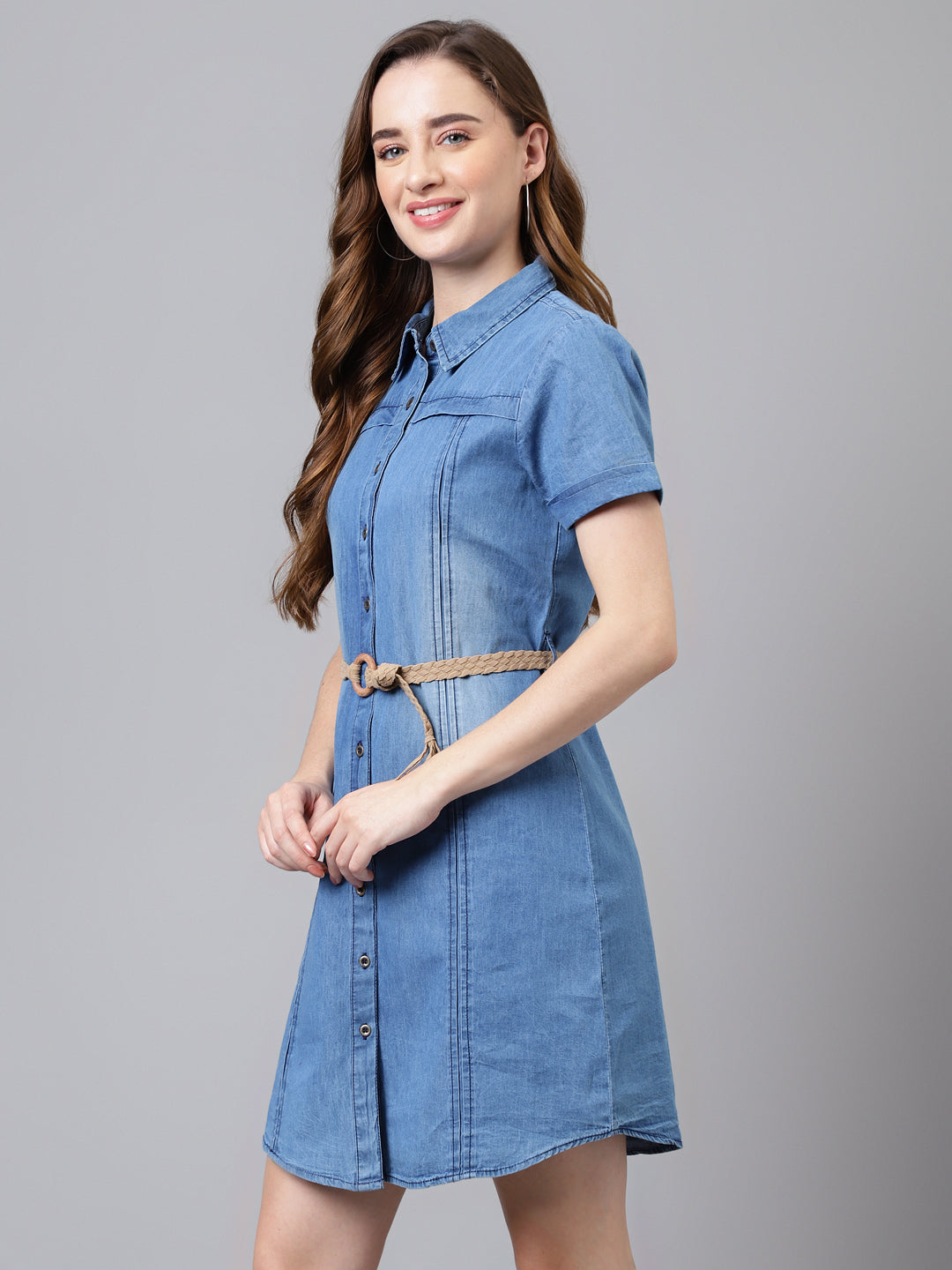Blue Short Sleeves Shirt Collar Solid Mini Dress For Casual Wear