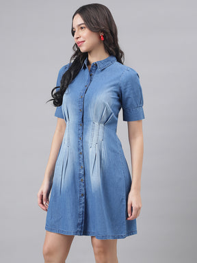 Blue Half Sleeve Shirt Collar Women Shirt Dress
