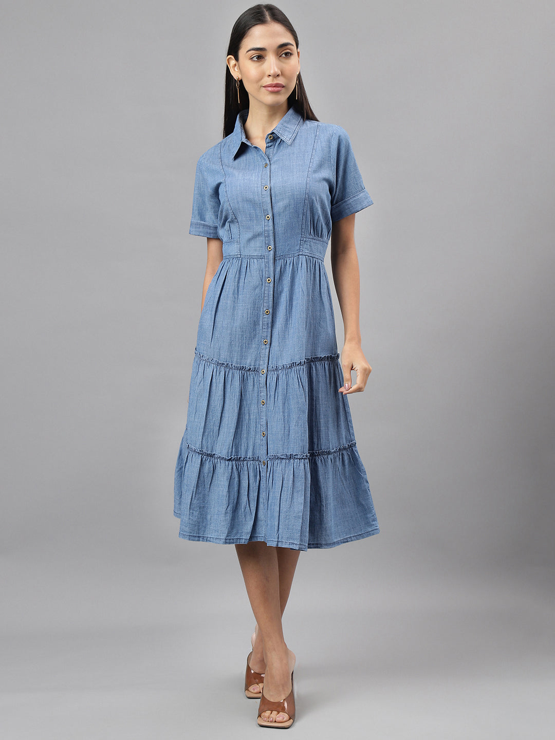Latin Quarters Women Blue Collar Neck Half Sleeves Solid Shirt Dress Casual Wear