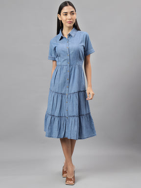 Latin Quarters Women Blue Collar Neck Half Sleeves Solid Shirt Dress Casual Wear