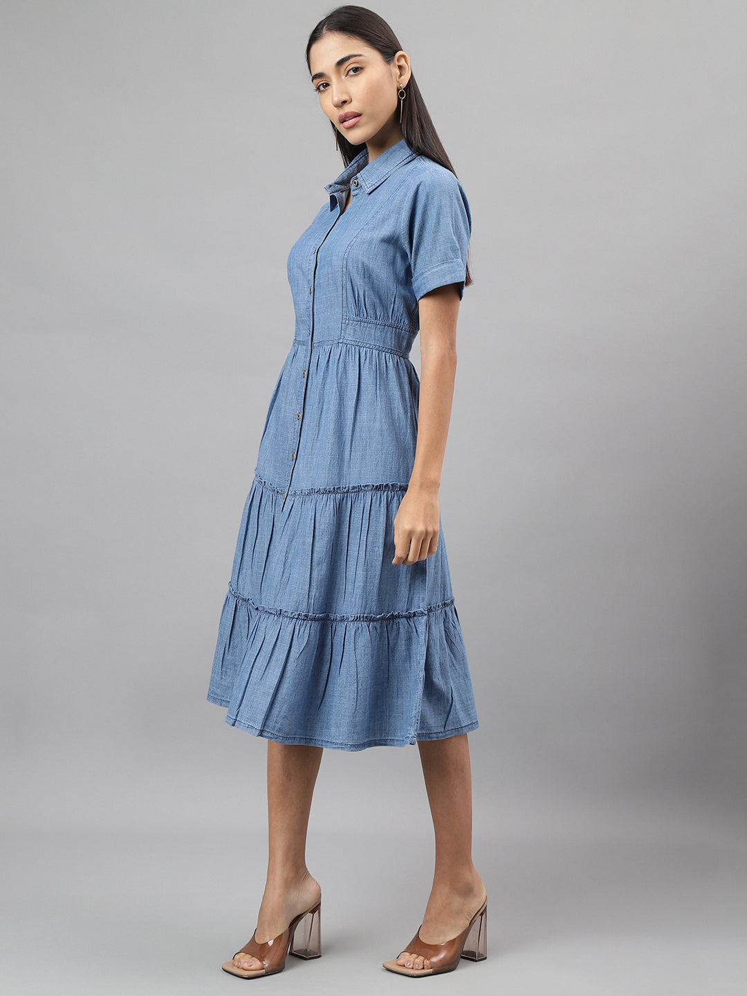 Latin Quarters Women Blue Collar Neck Half Sleeves Solid Shirt Dress Casual Wear