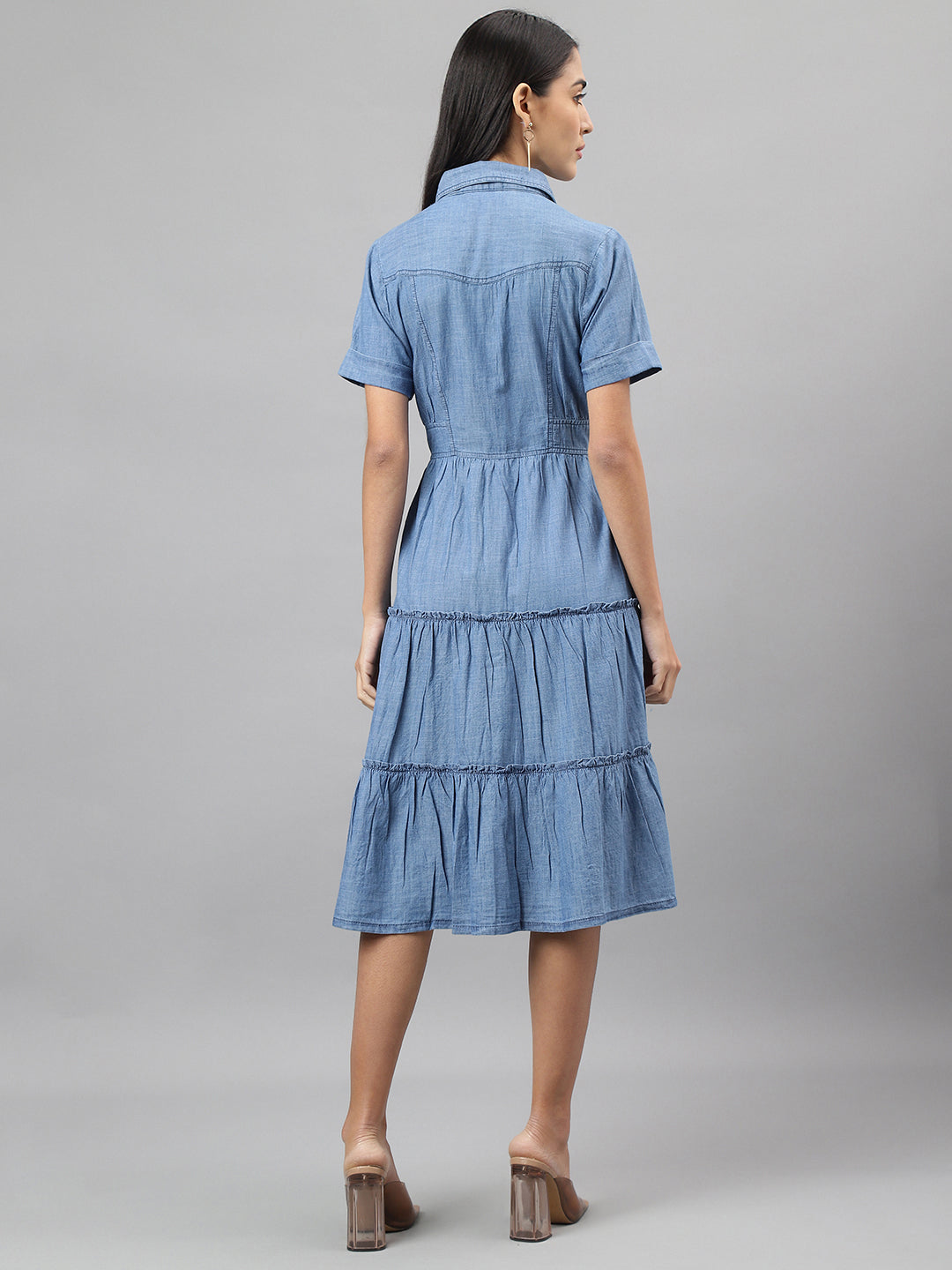 Latin Quarters Women Blue Collar Neck Half Sleeves Solid Shirt Dress Casual Wear