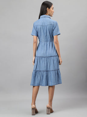 Latin Quarters Women Blue Collar Neck Half Sleeves Solid Shirt Dress Casual Wear