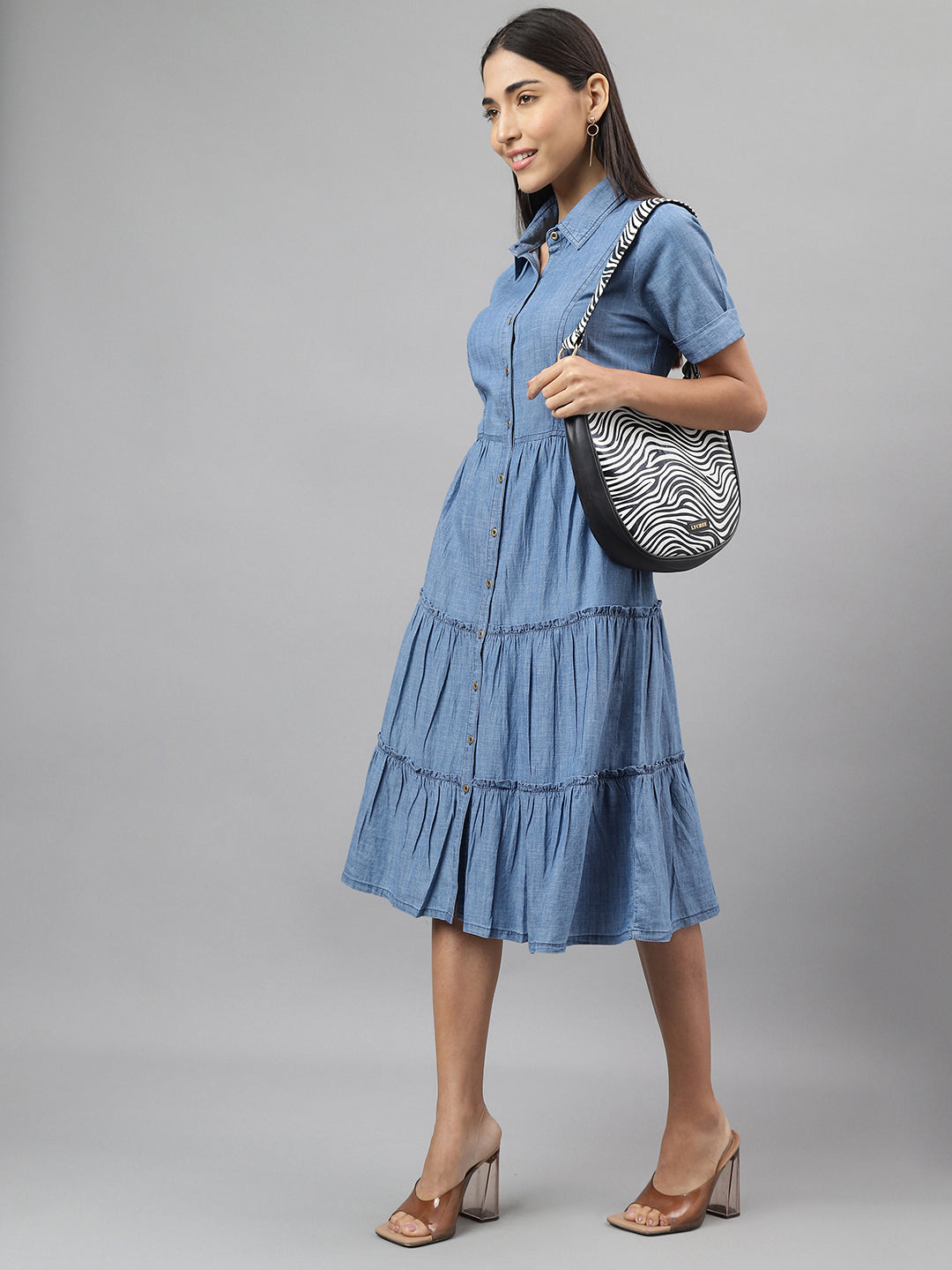 Latin Quarters Women Blue Collar Neck Half Sleeves Solid Shirt Dress Casual Wear