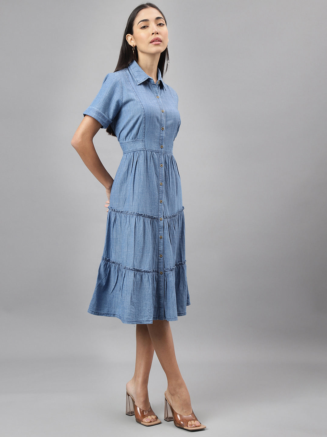 Latin Quarters Women Blue Collar Neck Half Sleeves Solid Shirt Dress Casual Wear