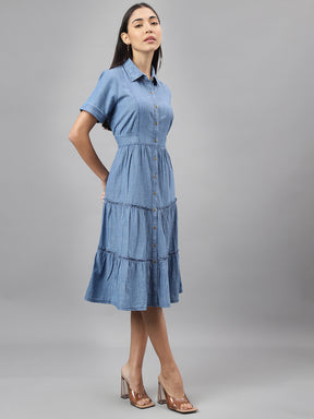 Latin Quarters Women Blue Collar Neck Half Sleeves Solid Shirt Dress Casual Wear