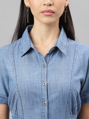 Latin Quarters Women Blue Collar Neck Half Sleeves Solid Shirt Dress Casual Wear