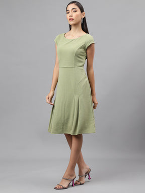 Green Cap Sleeve Round Neck Solid A-Line Dress
