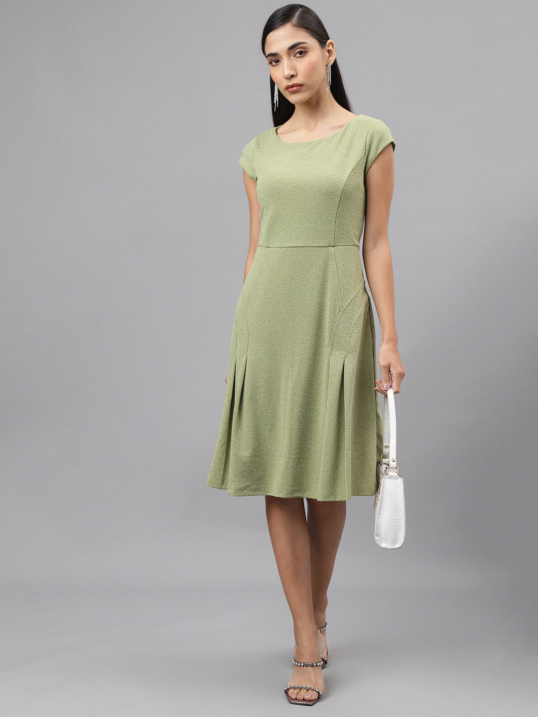 Green Cap Sleeve Round Neck Solid A-Line Dress