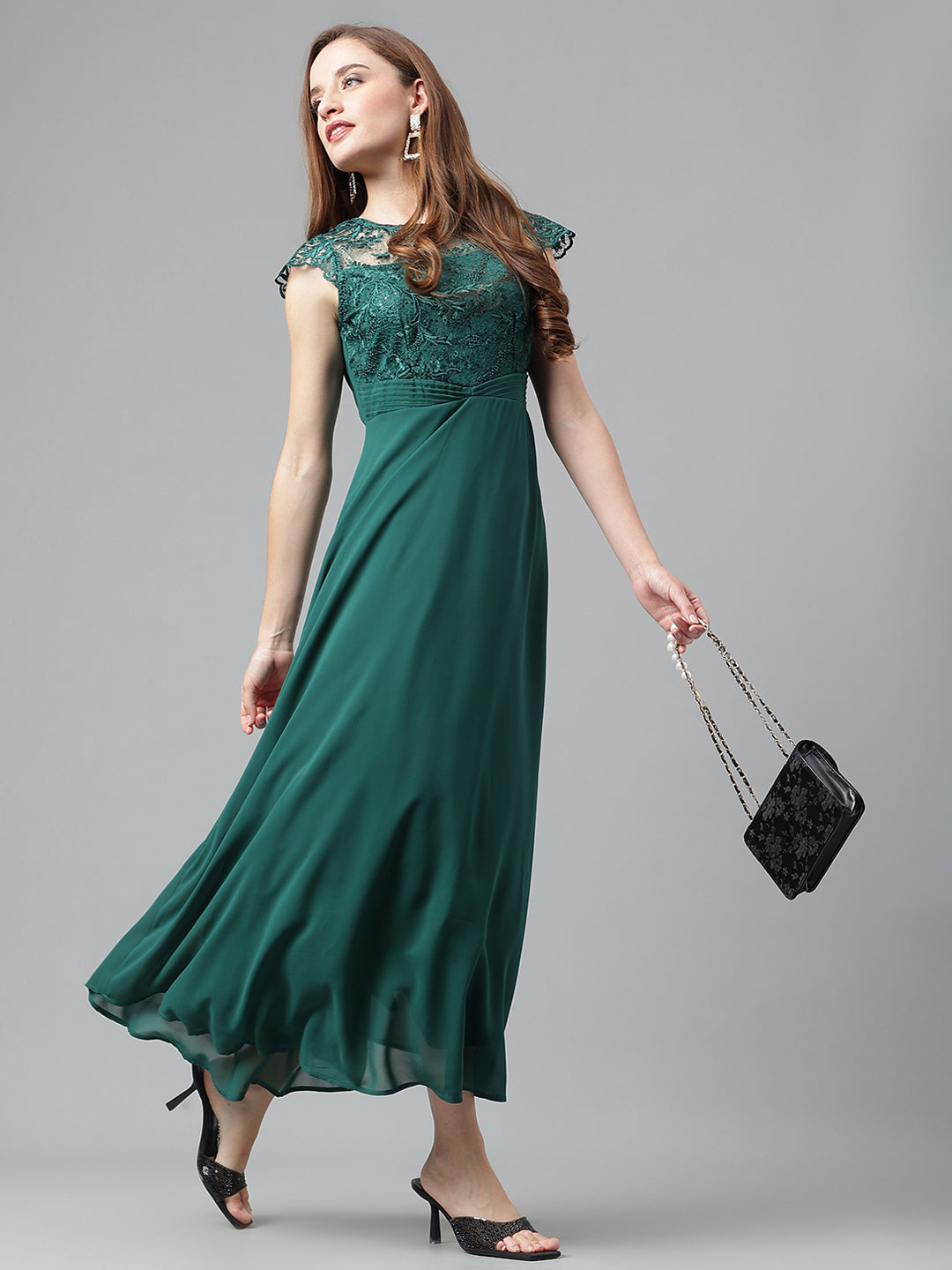 Greenforst Half Sleeves Round Neck Solid Maxi Dress For Casual Wear