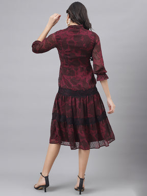 Maroon 3/4 Sleeve Tie-Up Neck Women A-Line Dress