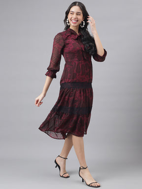 Maroon 3/4 Sleeve Tie-Up Neck Women A-Line Dress