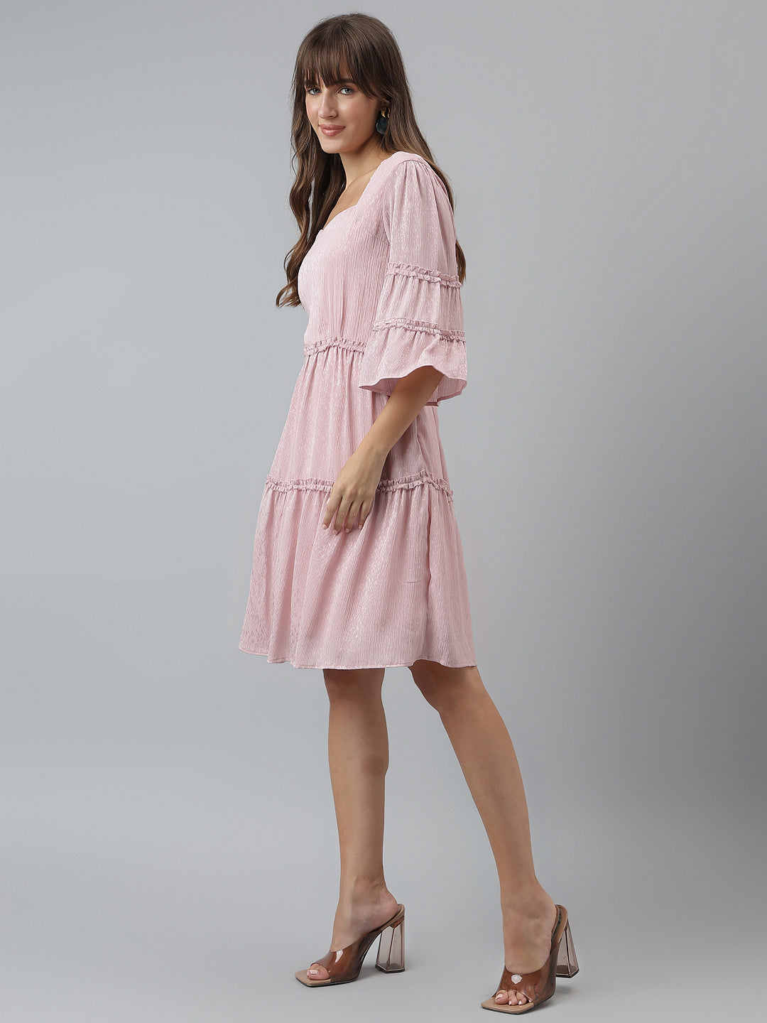 Solid Fit & Flare Casual 3/4 Sleeves Pink Dress