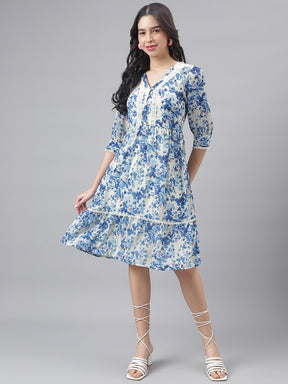 Blue 3/4 Sleeve V-Neck Women A-Line Dress Blue 3/4 Sleeve V-Neck Women A-Line Dress
