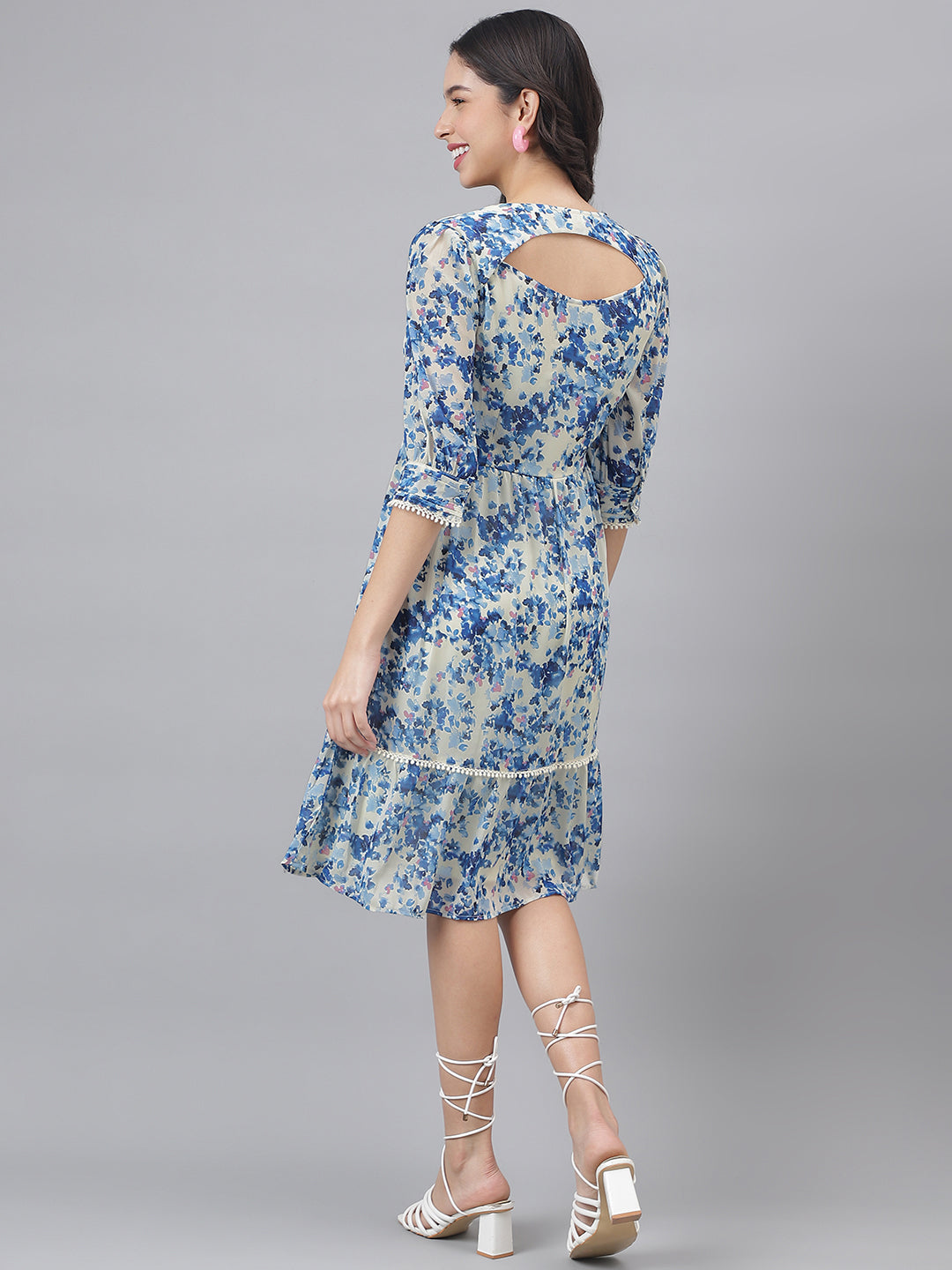 Blue 3/4 Sleeve V-Neck Women A-Line Dress Blue 3/4 Sleeve V-Neck Women A-Line Dress