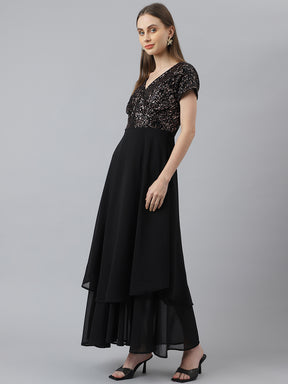 Cap Sleeves Black Embellished Maxi Dress Party Dress Sequins Gown for Girls