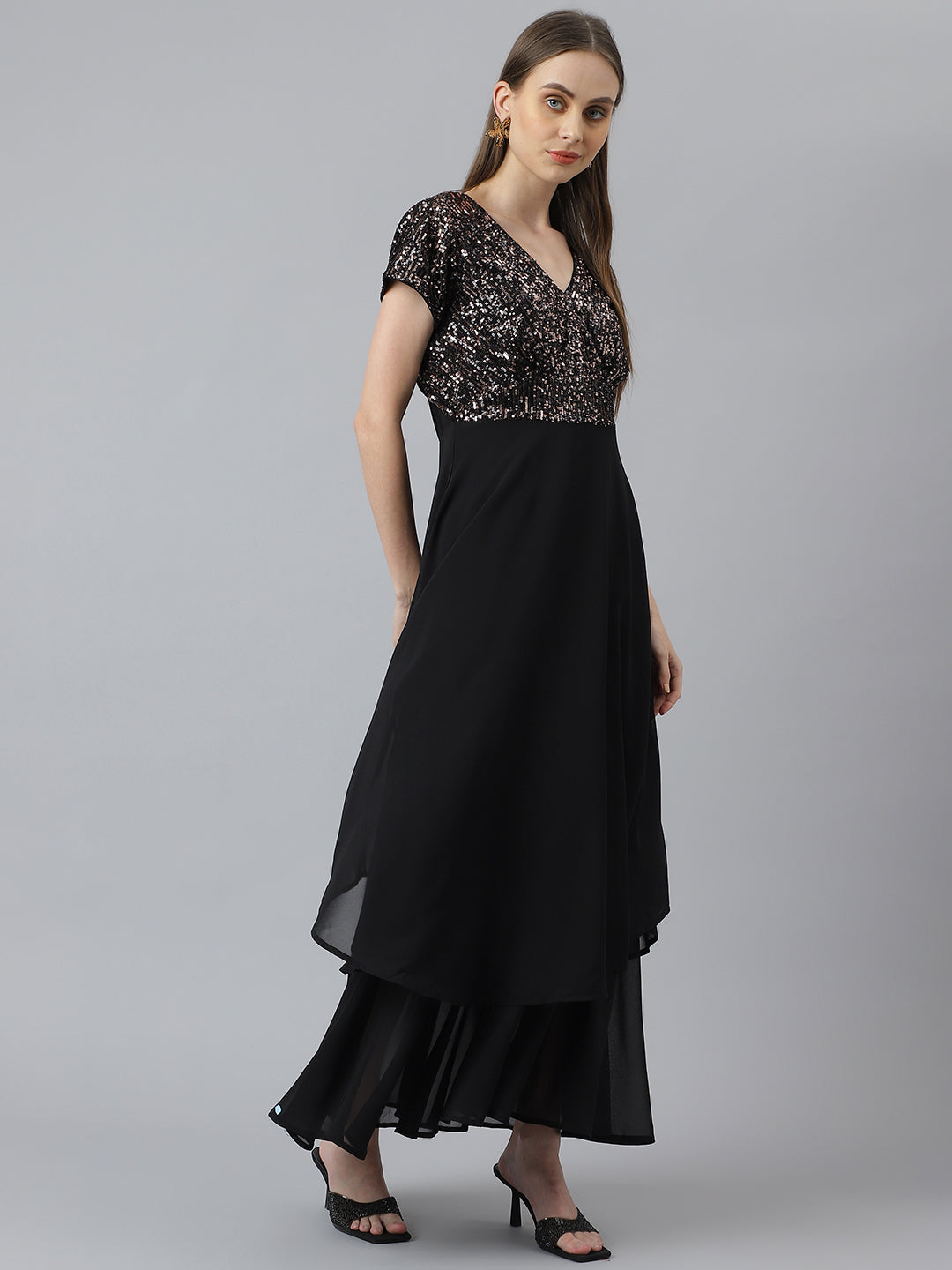 Cap Sleeves Black Embellished Maxi Dress Party Dress Sequins Gown for Girls