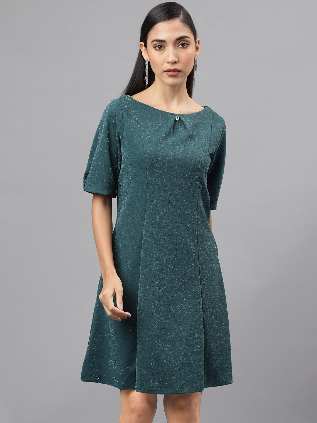 Green Half Sleeve Round Neck Solid A-Line Dress