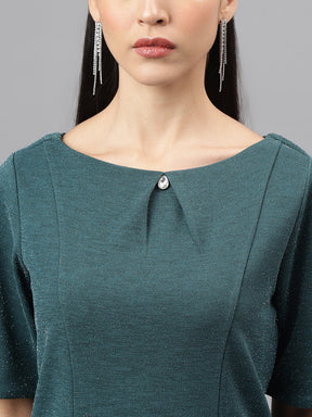 Green Half Sleeve Round Neck Solid A-Line Dress