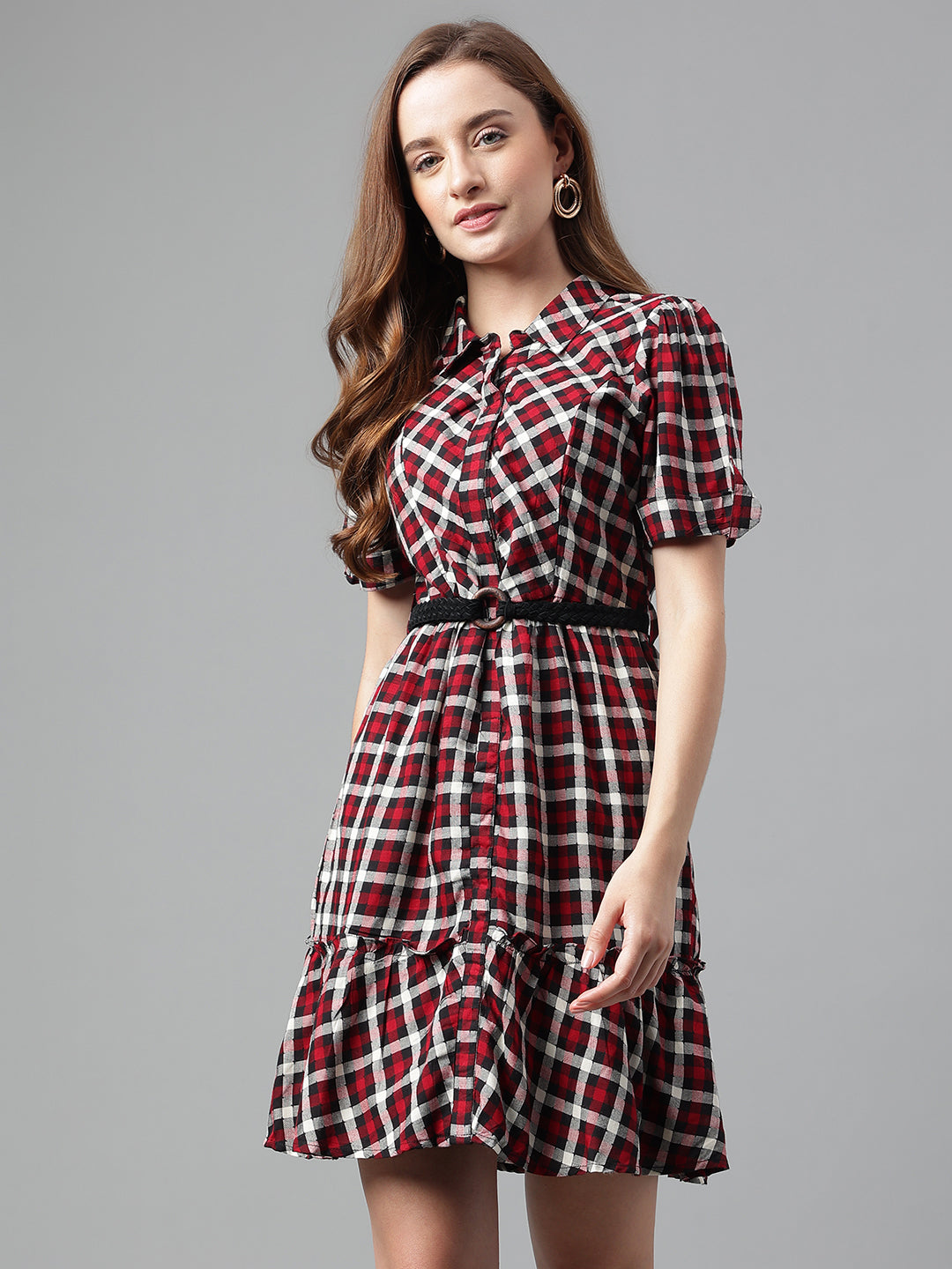 Red Short Sleeves Shirt Collar Checked Mini Dress For Casual Wear