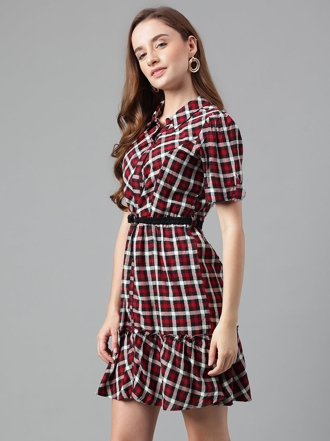 Red Short Sleeves Shirt Collar Checked Mini Dress For Casual Wear