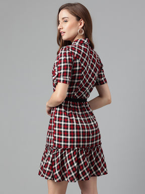 Red Short Sleeves Shirt Collar Checked Mini Dress For Casual Wear