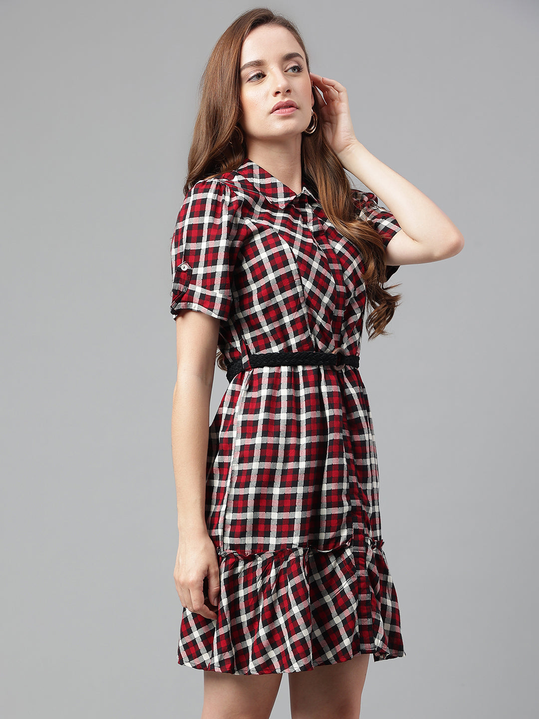Red Short Sleeves Shirt Collar Checked Mini Dress For Casual Wear