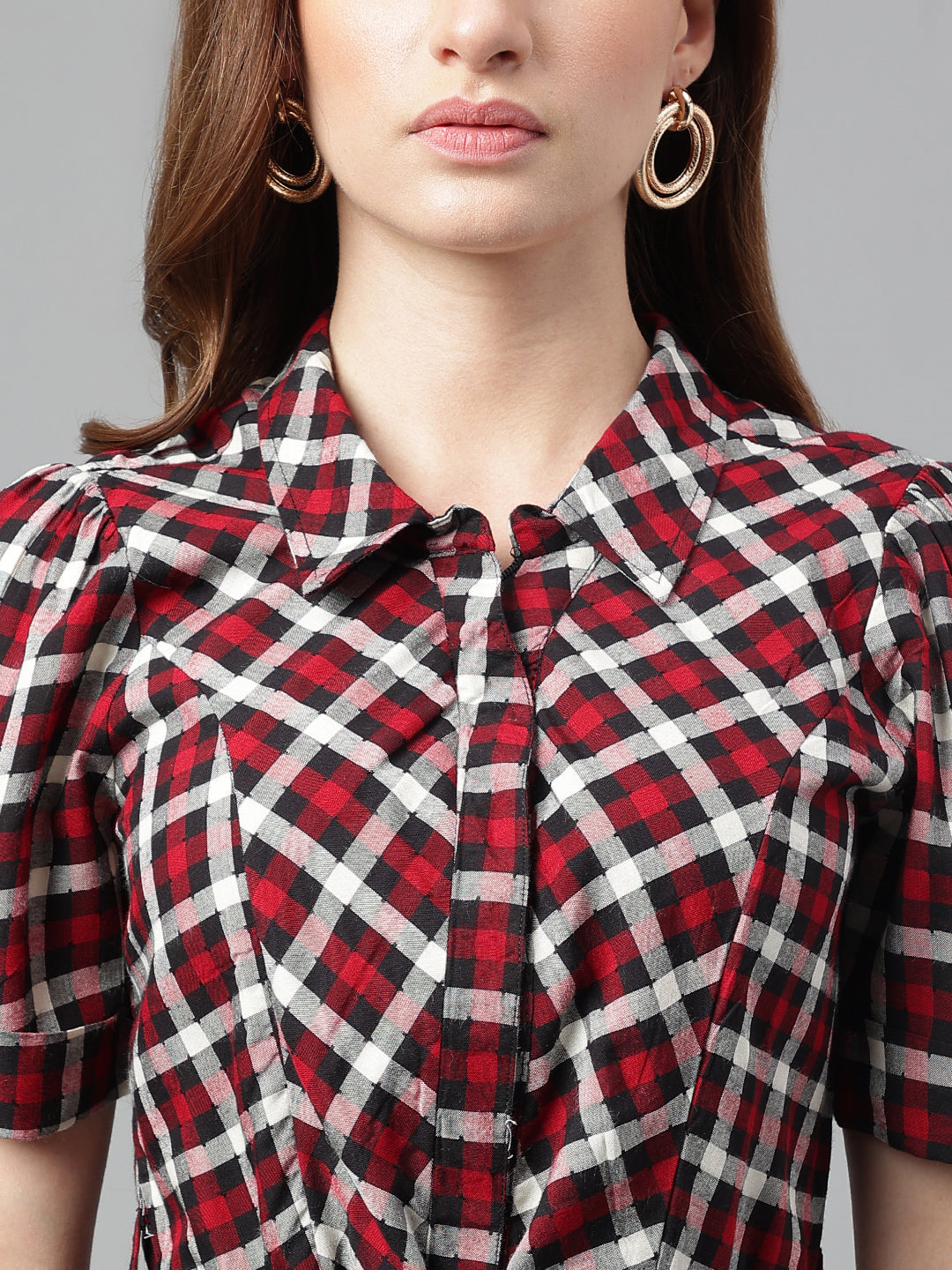 Red Short Sleeves Shirt Collar Checked Mini Dress For Casual Wear