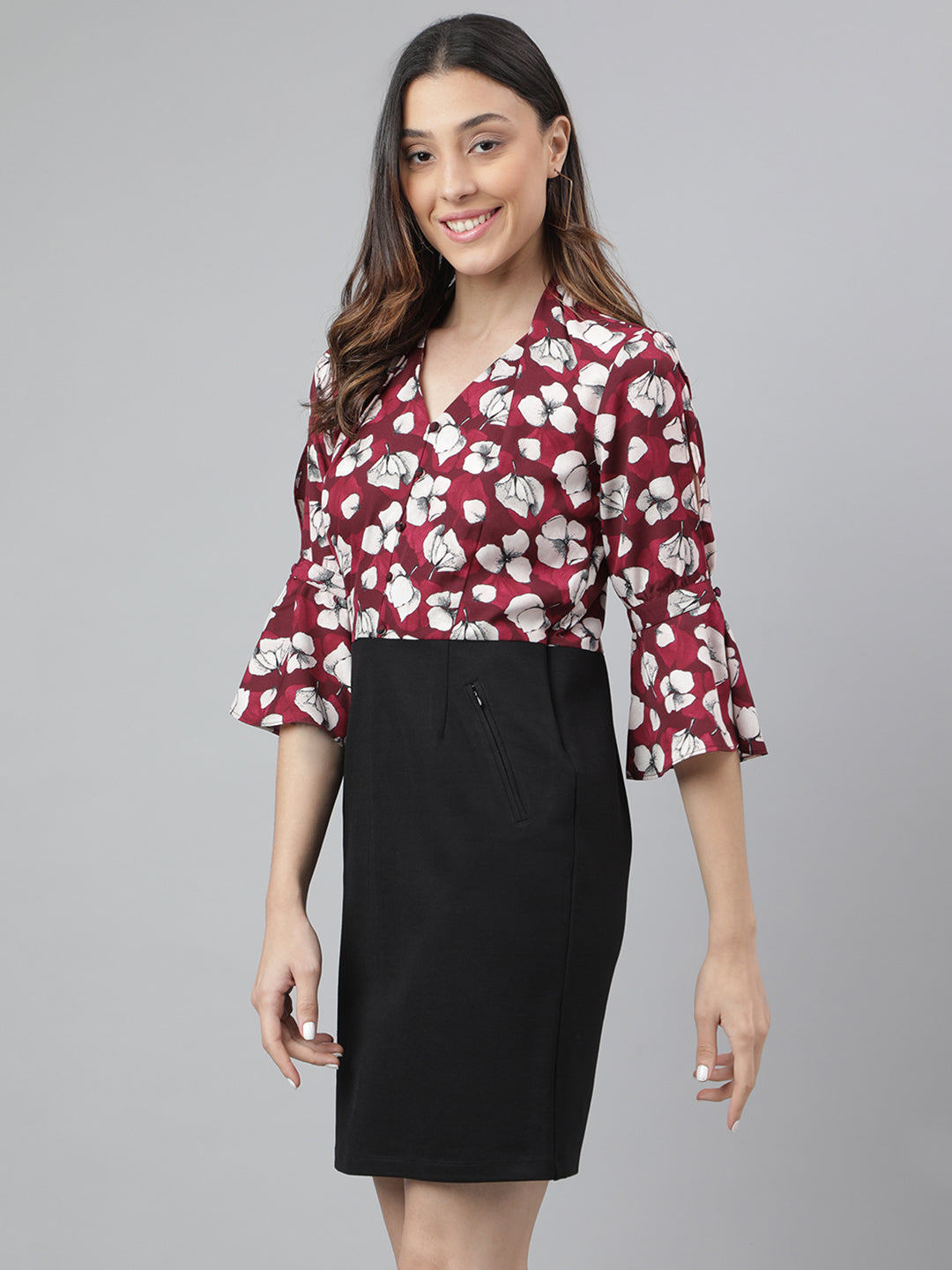 Maroon 3/4 Sleeve V-Neck Floral Print 2 Fir 1 Women Dress for Casual