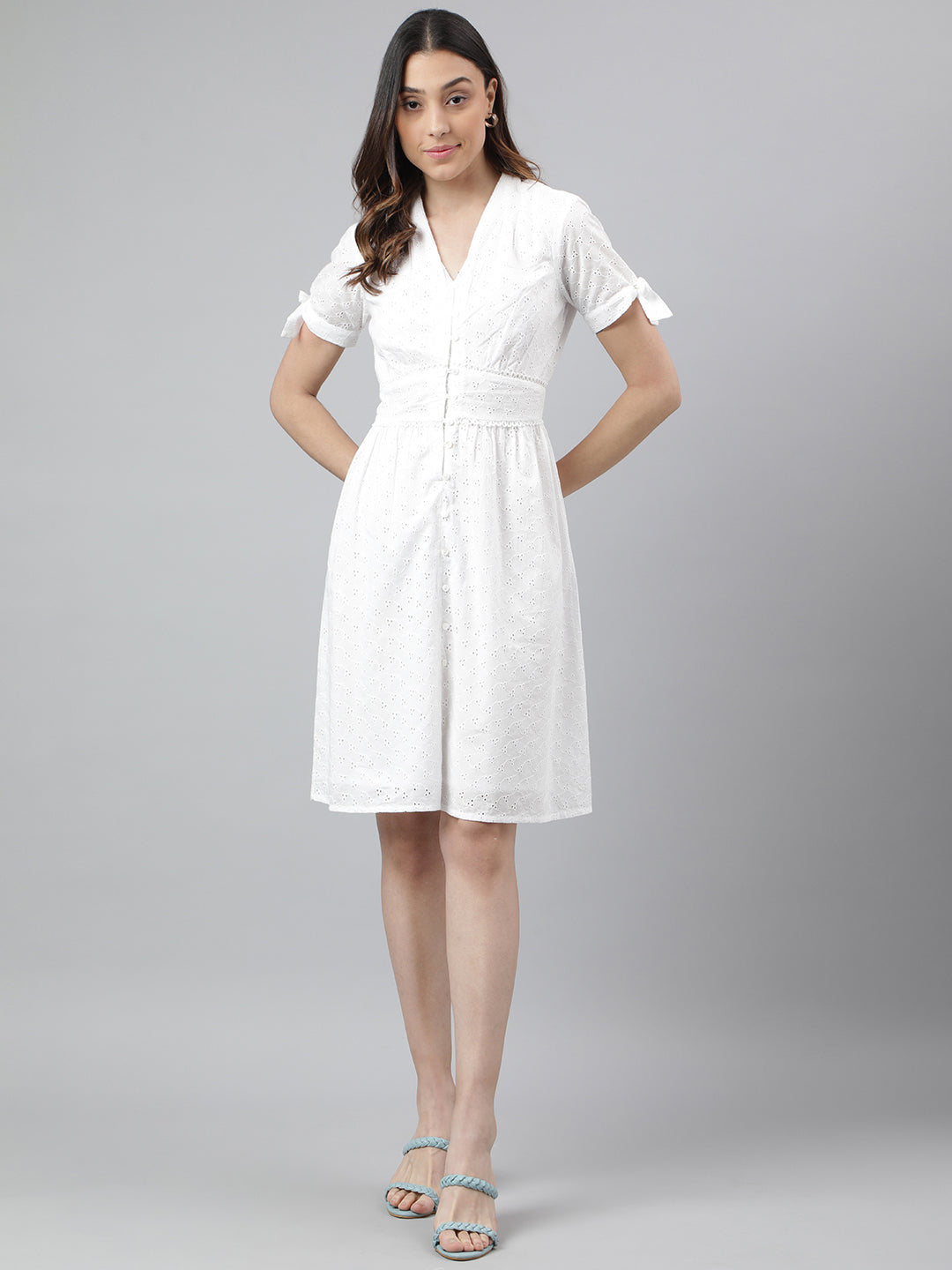 White Half Sleeve Solid A-Line Dress