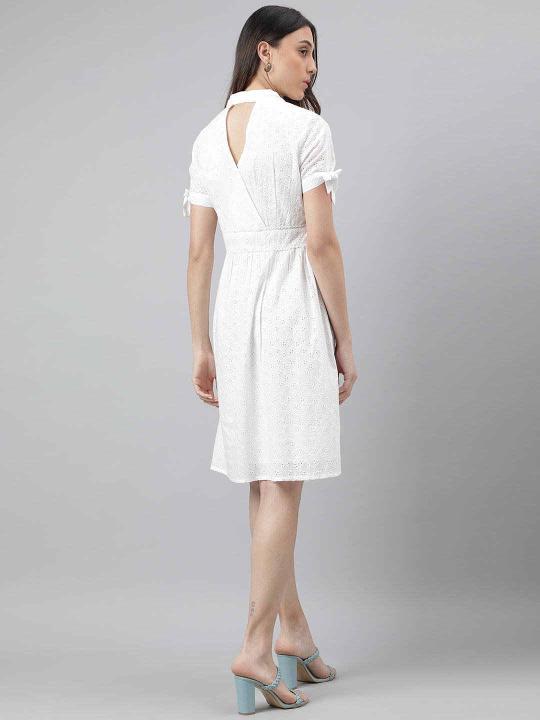 White Half Sleeve Solid A-Line Dress