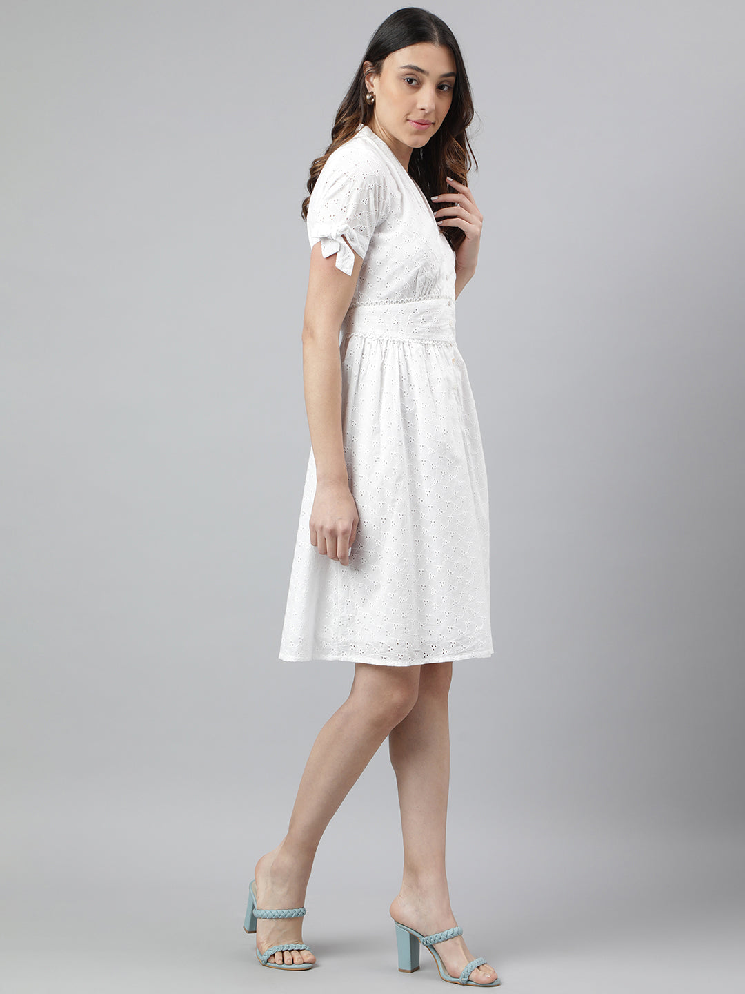 White Half Sleeve Solid A-Line Dress