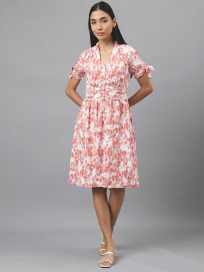 Rust Half Sleeve V-Neck Floral Print A-Line Dress