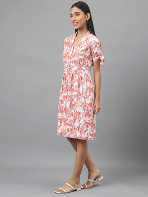 Rust Half Sleeve V-Neck Floral Print A-Line Dress