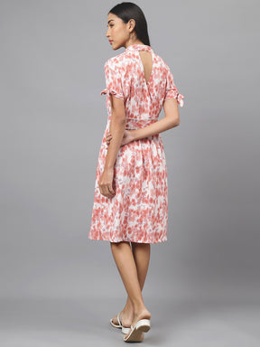 Rust Half Sleeve V-Neck Floral Print A-Line Dress