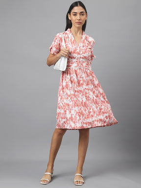 Rust Half Sleeve V-Neck Floral Print A-Line Dress