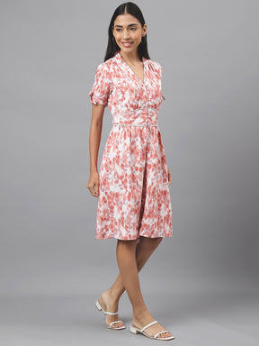 Rust Half Sleeve V-Neck Floral Print A-Line Dress