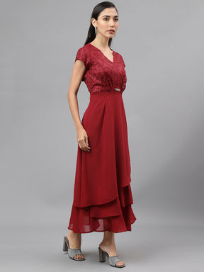 Red Cap Sleeve V-Neck Solid Maxi Dress