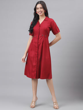 Maroon Half Sleeve Shirt Collar Women Shirt Dress